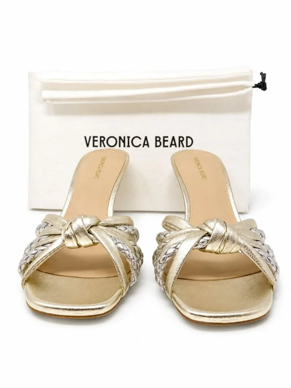 Veronica Beard Misa Knot Front Platinum Metallic Leather Heel Sandal Women's 5